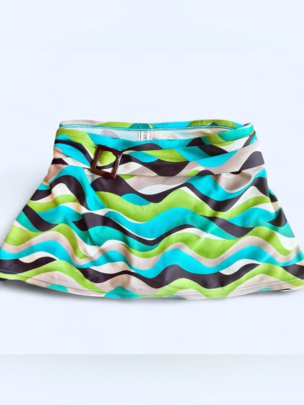 Sunsets Retro Belted Swim Mini Skirt -Wavy Stripe Turquoise & Green- Sz XL / L